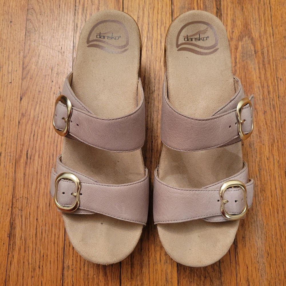 Dansko 37 Slide Sandals Gray Leather Double Buckle Wedge SOPHIE Y2K 90s Summer 7
